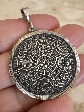 Sterling Silver Aztec Sun Calendar Pendant | Vintage Mexican Calendar Medallion